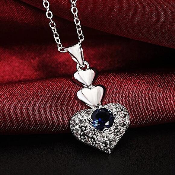 Sterling Silver Sapphire Heart Necklace Earrings Matching Set - Picture 3 of 6